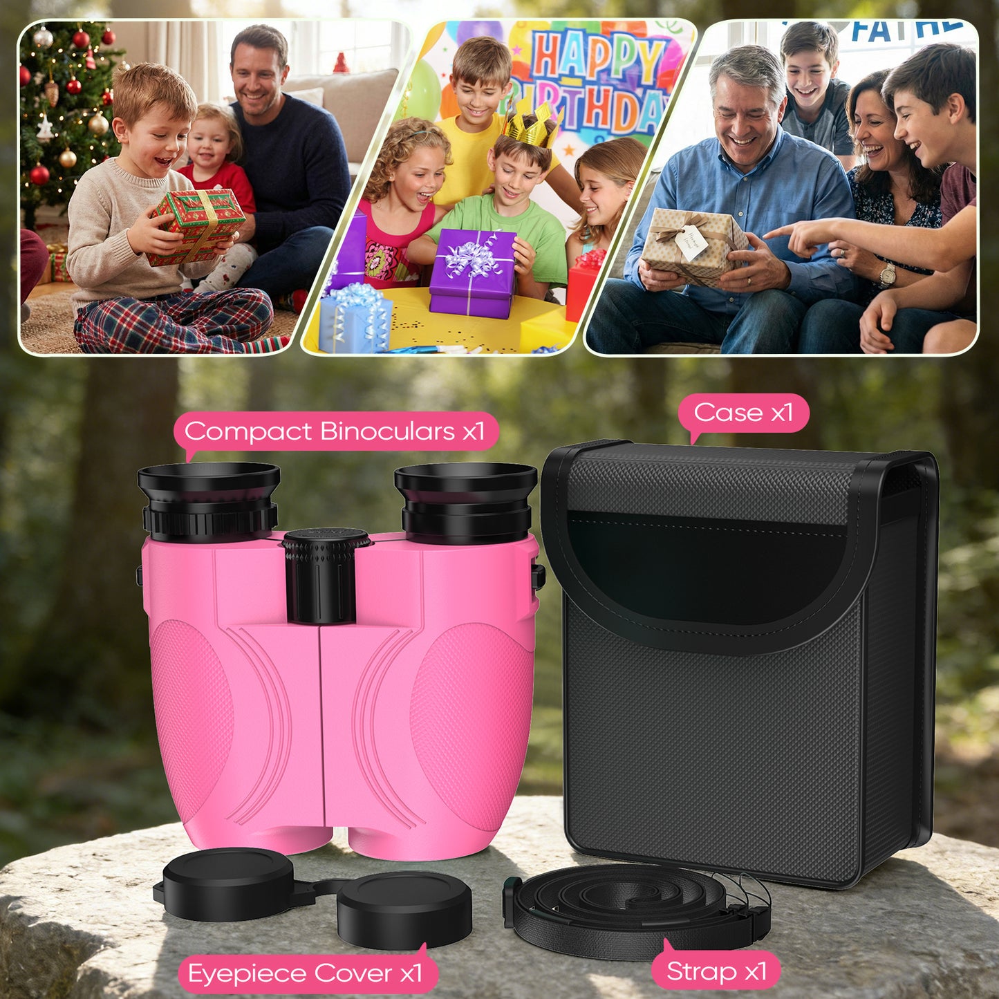 12x25 Compact Binoculars for Kids: Small Binoculars with Bak4, FMC - Ideal for Outdoor, Camping, Traveling, Bird Watching, Hiking (Pink)