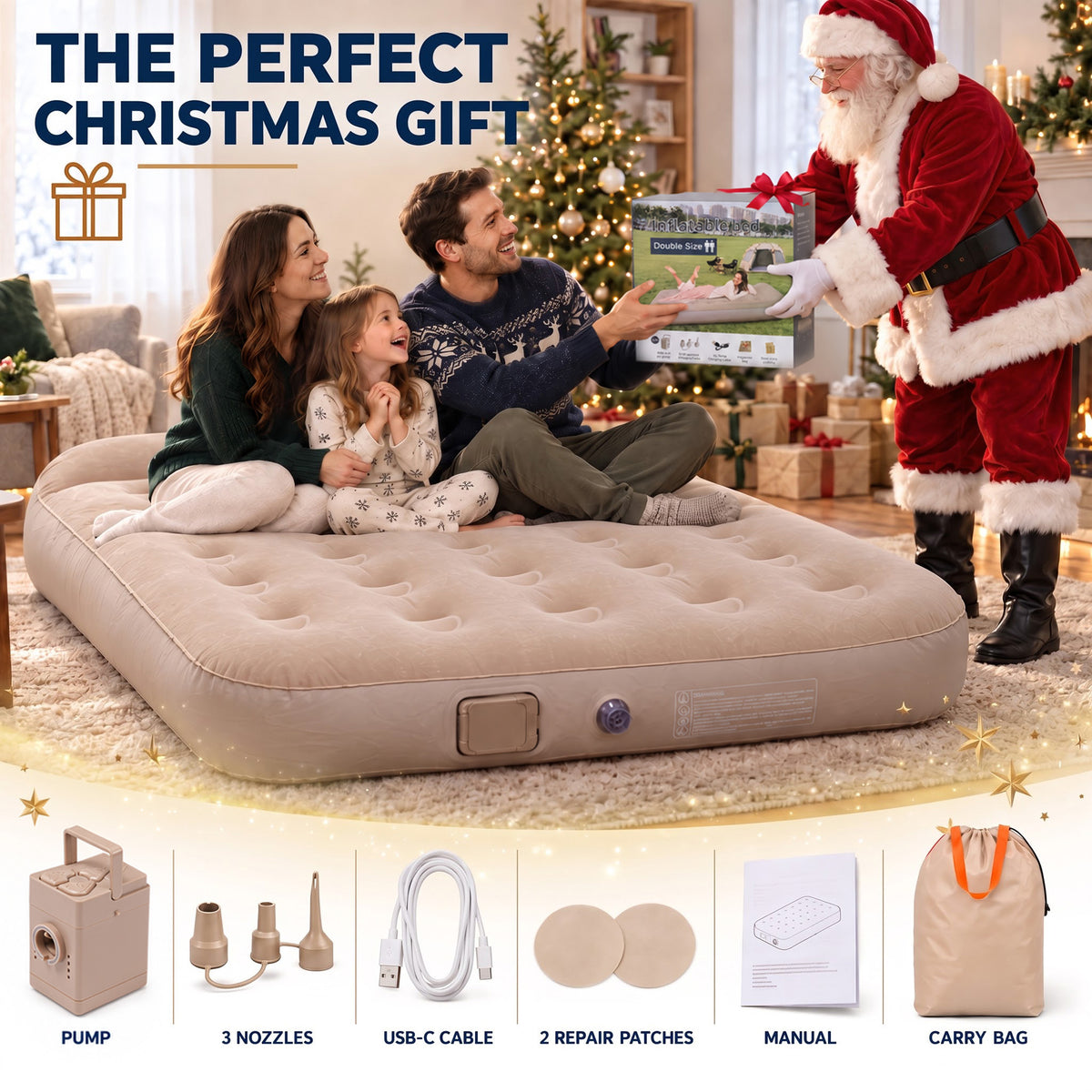 Inflatable Air Mattress, Built‑in Rechargeable Pump, 10'' Extra Thick Pillow & 882 lbs Weight Capacity, Camping Mattress for Tent, Camping, Cot, Car (Full)