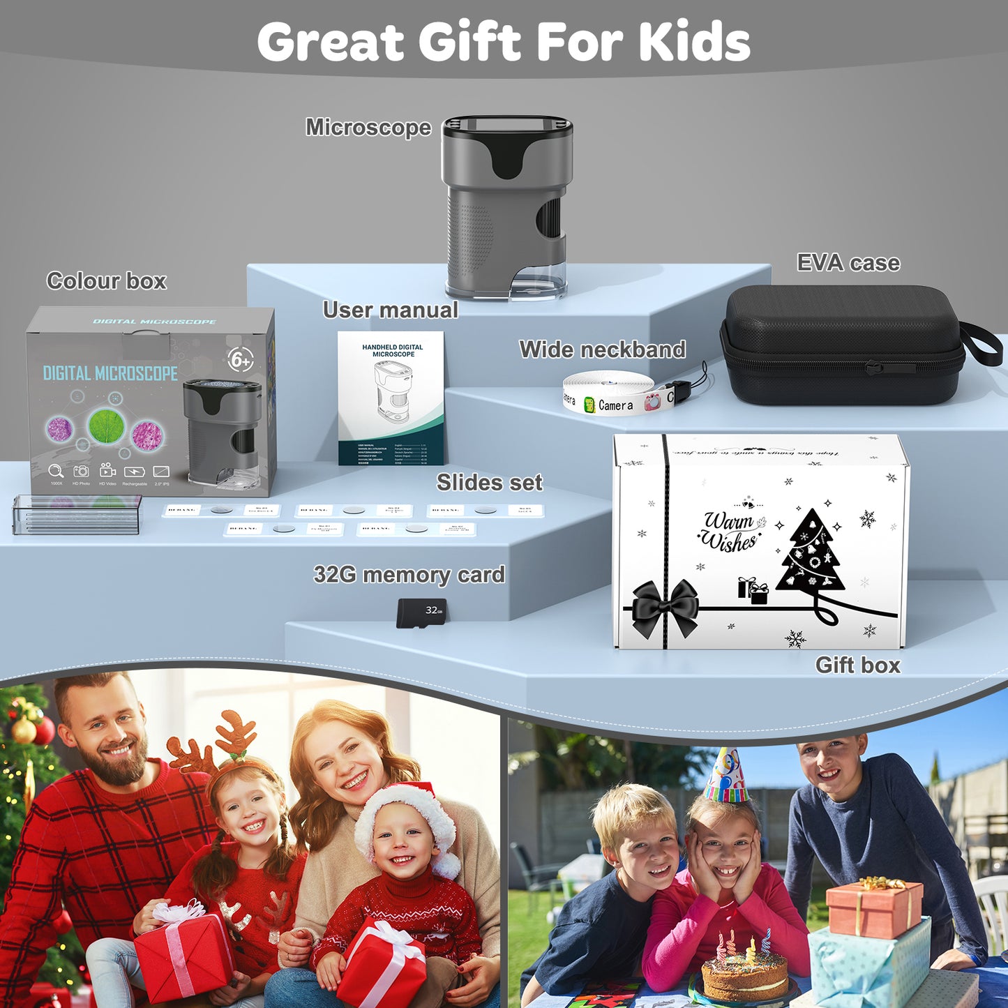 QUNSE Rechargeable Digital Handheld Pocket Microscope, Kids Microscope 1000X with 4K Screen, Portable Science Kit with Slides for Kids (Grey)