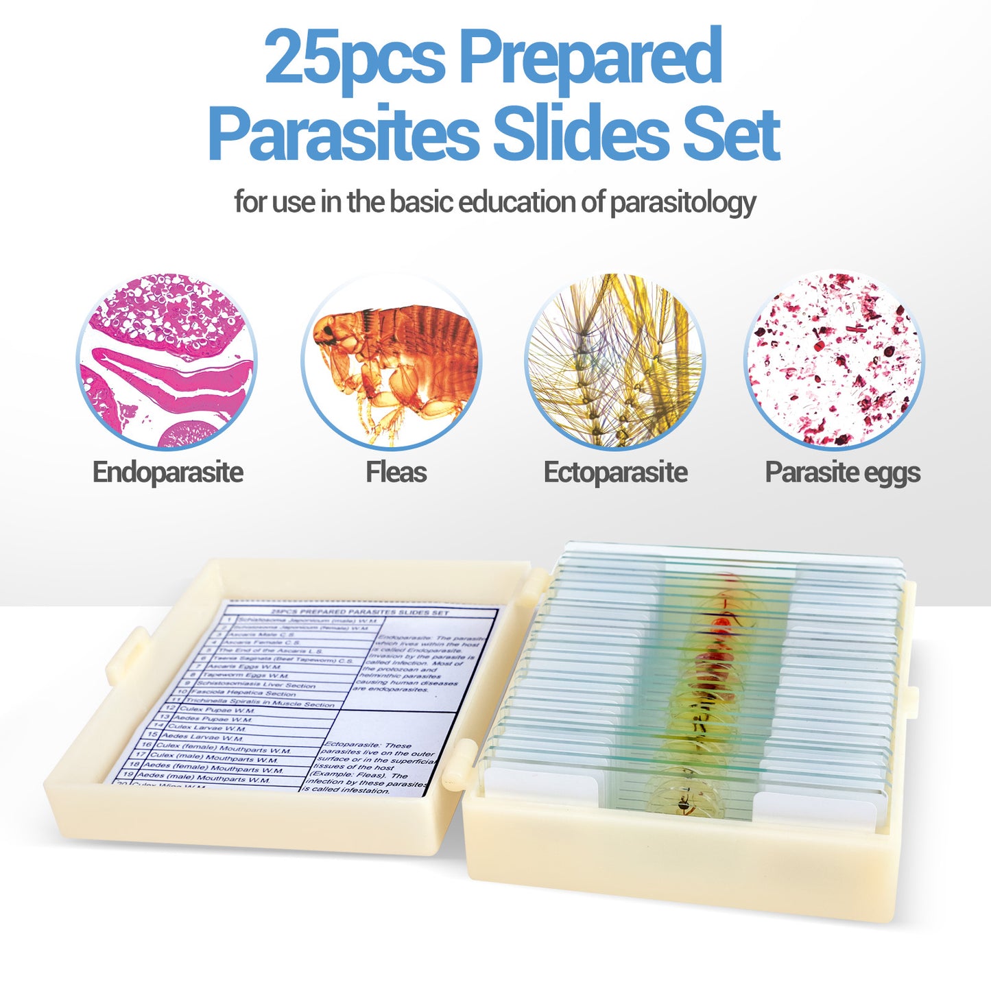 QUNSE Prepared Microscope Slides Kit for Kids and Adults, 25 Specimens Educational Science Set and Toy Gift for Students, Children, and Home School Use