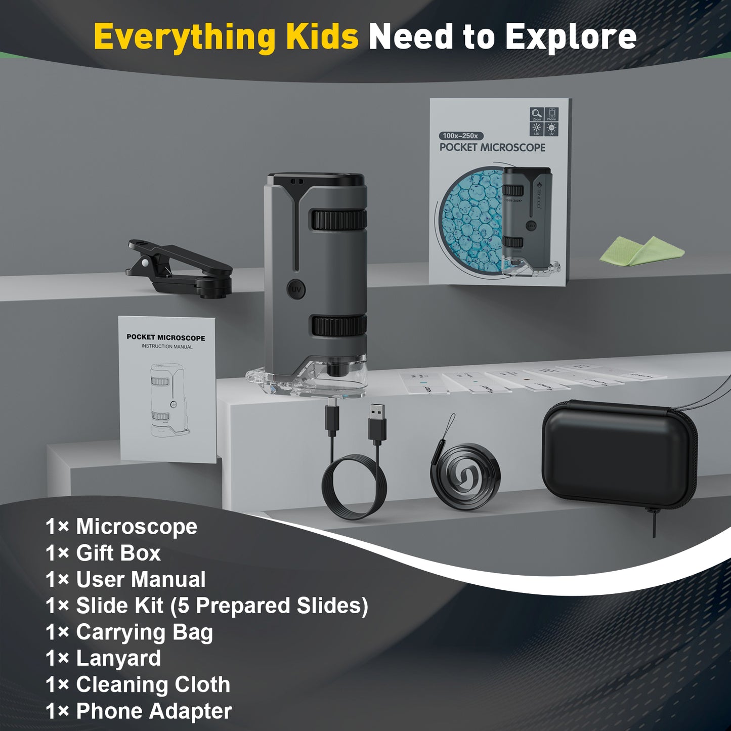 QUNSE STEM Pocket Microscope 100x–250x for Kids, Portable Handheld with LED and UV Light, Phone Adapter, 5 Slides, EVA Carry Case, Grey