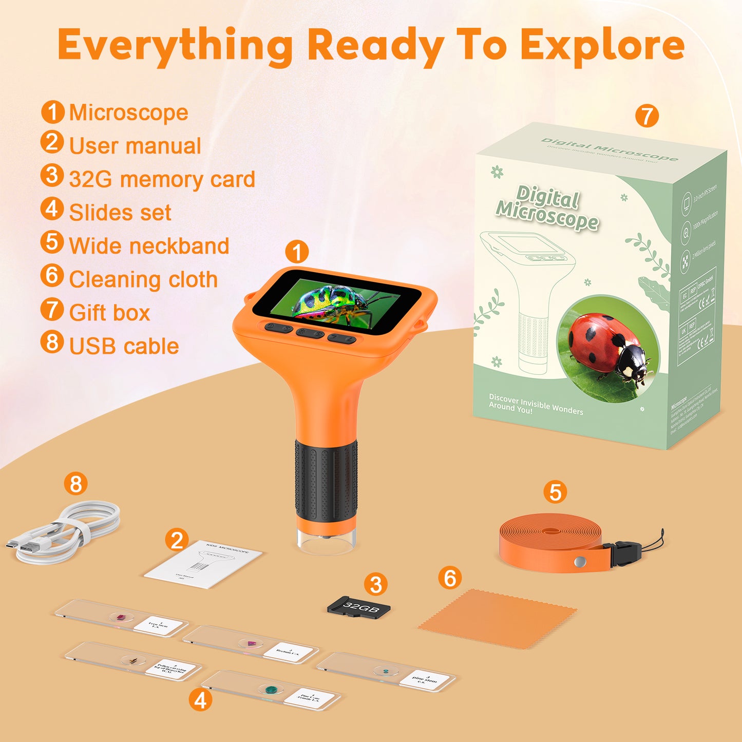 QUNSE 1000X Digital Microscope for Kids with 3-Inch IPS Screen, Rechargeable Handheld Pocket Microscope with Photo and Video, 8 LED Lights, Compatible with Windows and Mac (Orange Black)