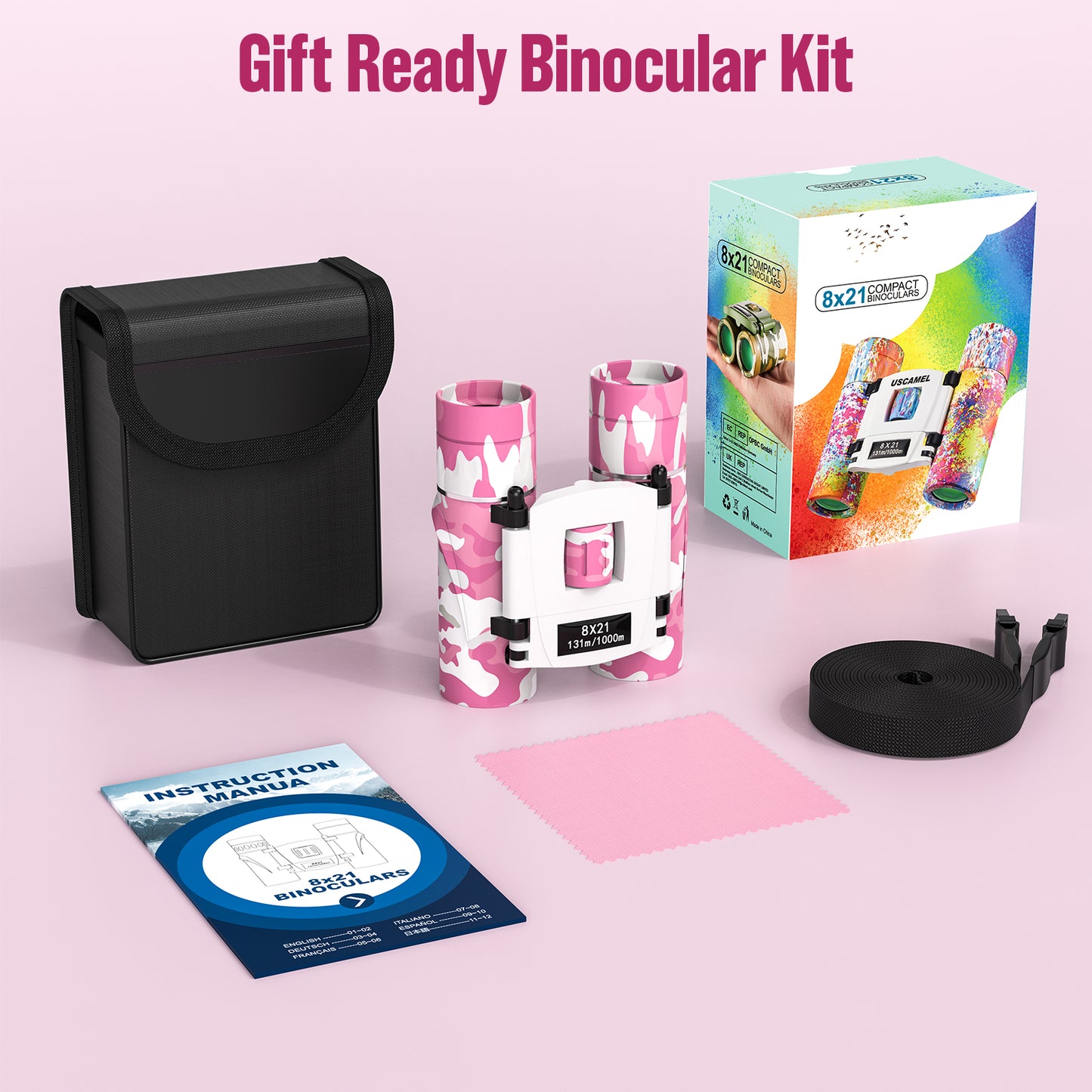 QUNSE Compact Binoculars for Kids and Adults, 8×21 Mini Pocket Binoculars, Ideal for Bird Watching, Travel, and Hunting, Great Gift for Boys and Girls (Pink and white)