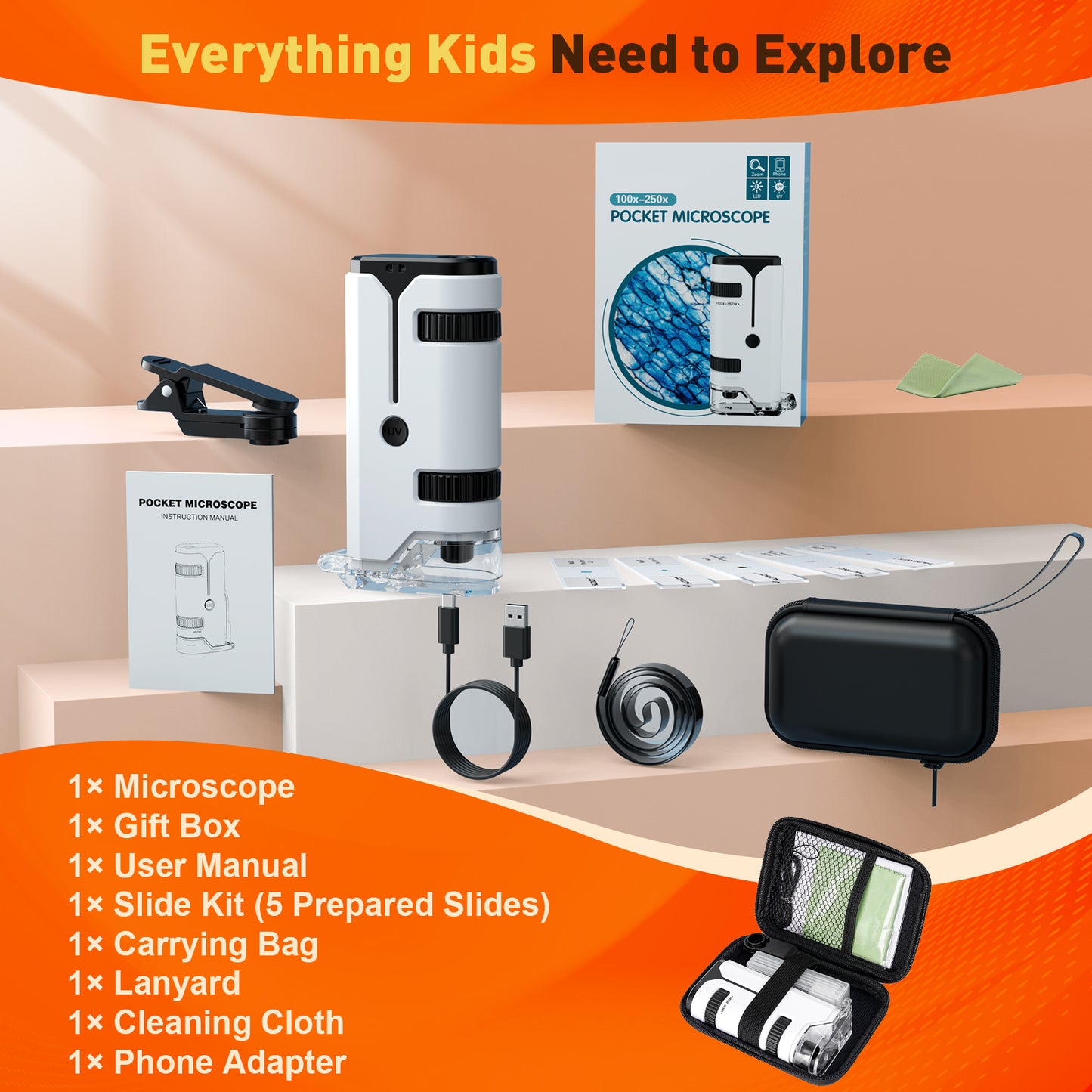 QUNSE Pocket Microscope 100x–250x, LED and UV Light, Portable Handheld Mini Microscope for Kids and Students, Semi-Apochromatic Optics, Phone Adapter, 5 Prepared Slides, EVA Case, White