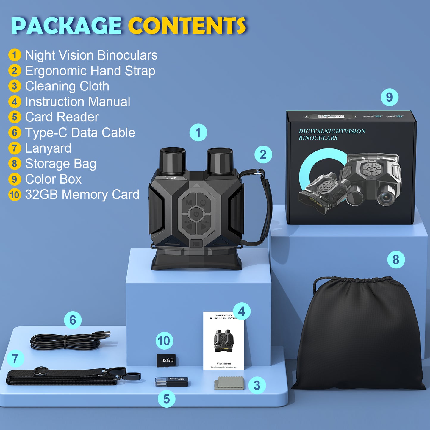 QUNSE Night Vision Goggles, Night Vision Binoculars for Adults with 3" HD Screen, 8X Digital Zoom, 7-Level IR Illuminator, 36MP Photo & 1080P Video, 1312FT Full Dark Range for Hunting and Camping