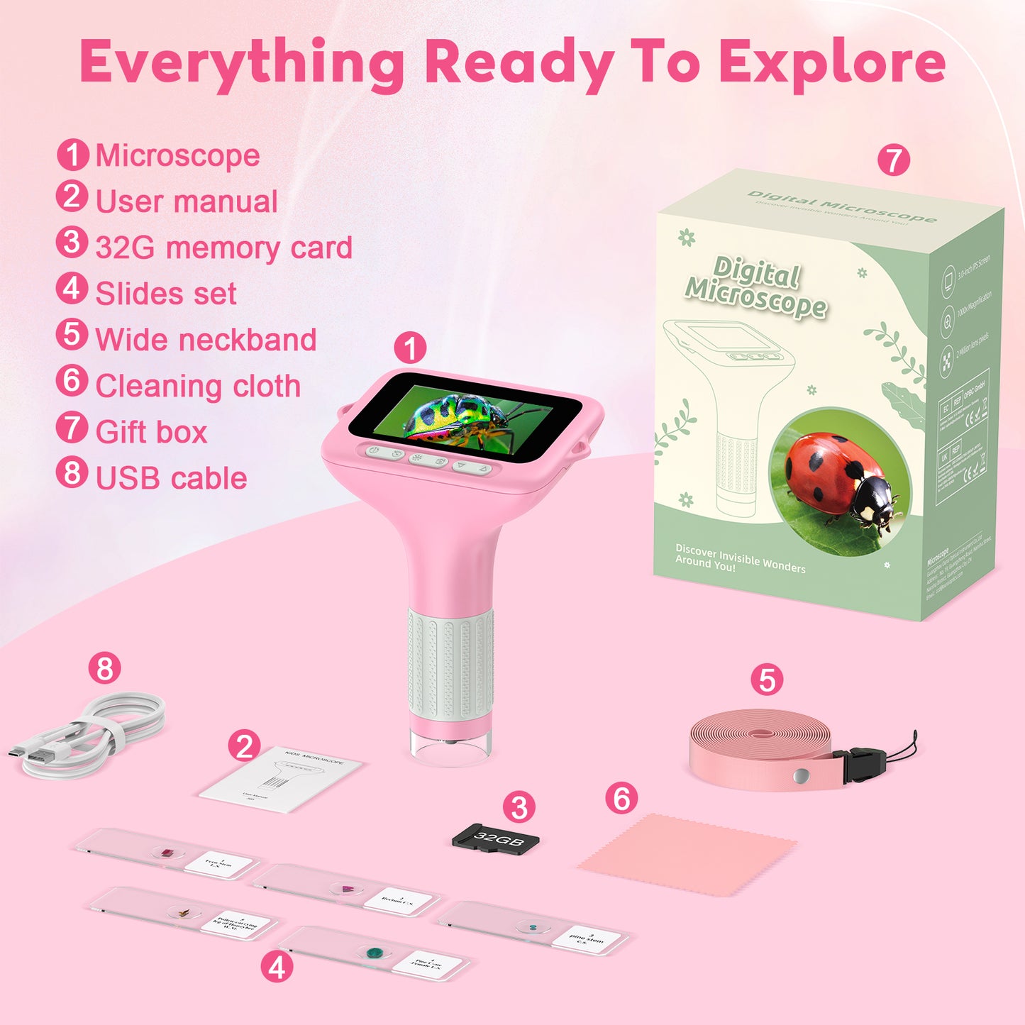 QUNSE 3-Inch IPS Screen 1000X Digital Microscope for Kids, Photo and Video Function, 8 LED Lights, Rechargeable Handheld Pocket Microscope, Compatible with Windows and Mac (Pink Gray)