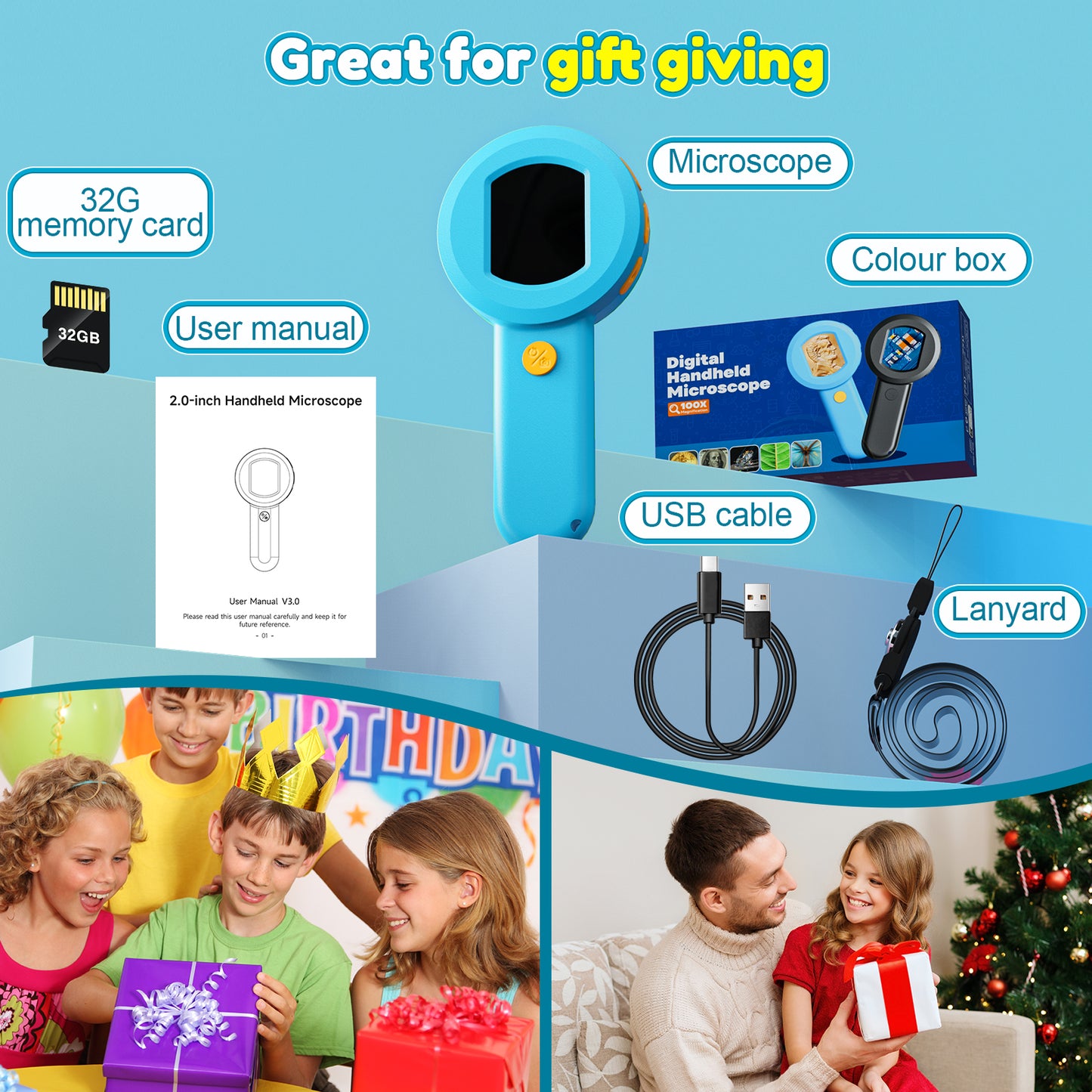 QUNSE Digital Microscope for Kids, 2.0" IPS Screen 100X - 400X Handheld STEM Science Toy with 8 LED Lights, Rechargeable Mini Pocket Microscope for Boys and Girls, Blue