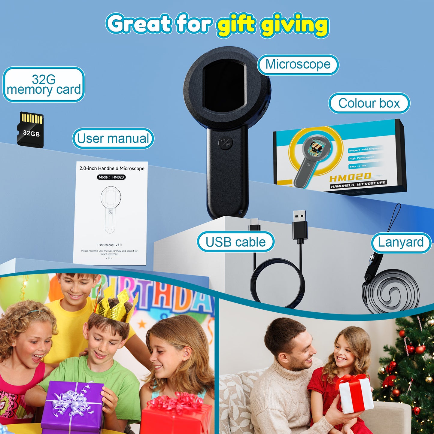 QUNSE 100X - 400X Digital Microscope for Kids, 2.0" IPS Display Handheld Science Tool with 8 LED Lights and 16MP Camera, Rechargeable Pocket Microscope, Black