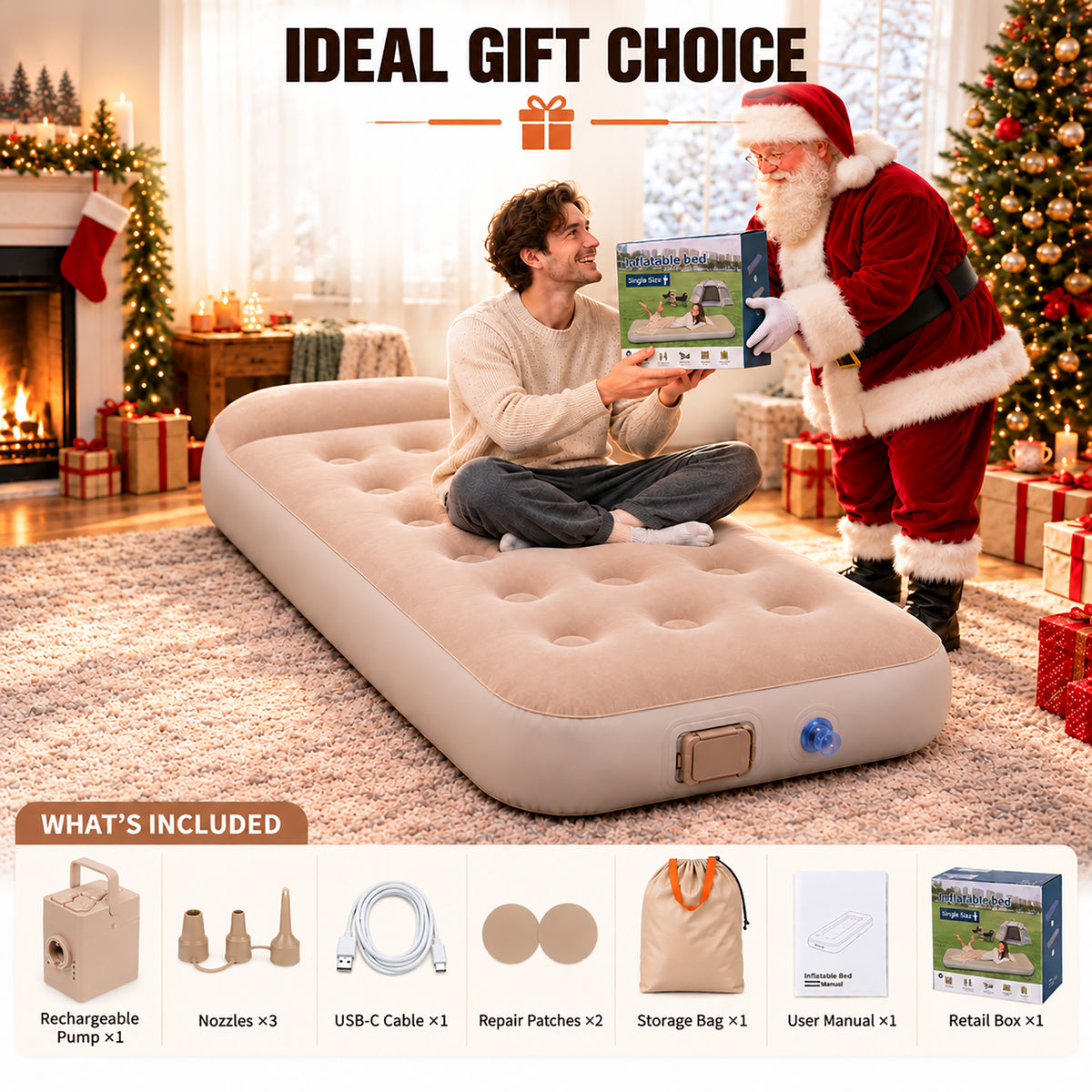 Inflatable Air Mattress, 10'' Extra Thick Pillow, 441 lbs Weight Capacity & Built‑in Rechargeable Pump, Blow Up Mattress for Tent, Camping, Cot, Car (Twin)