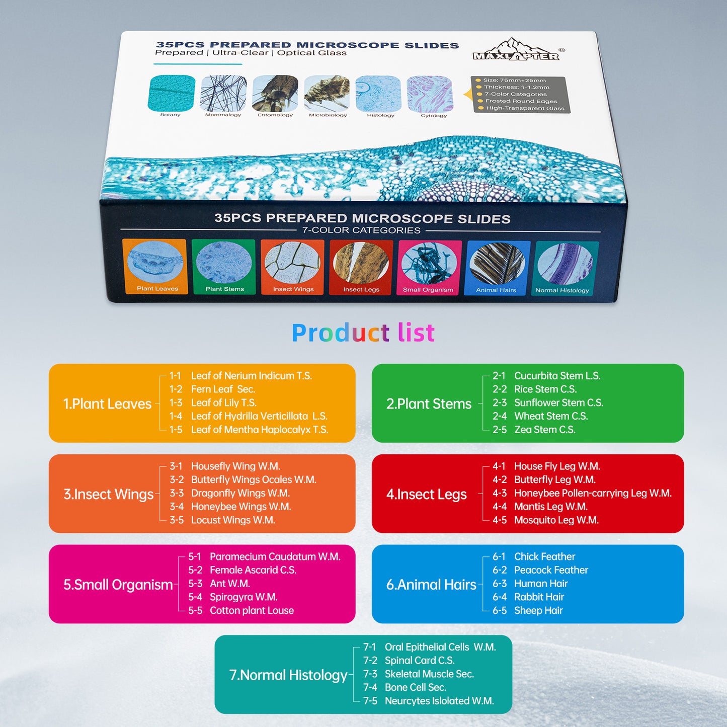 35 PCS Microscope Prepared Slides for Kids, Lab-Grade Safe Glass Plant Insect Animal Samples, Homeschool & Back to School Science Gift