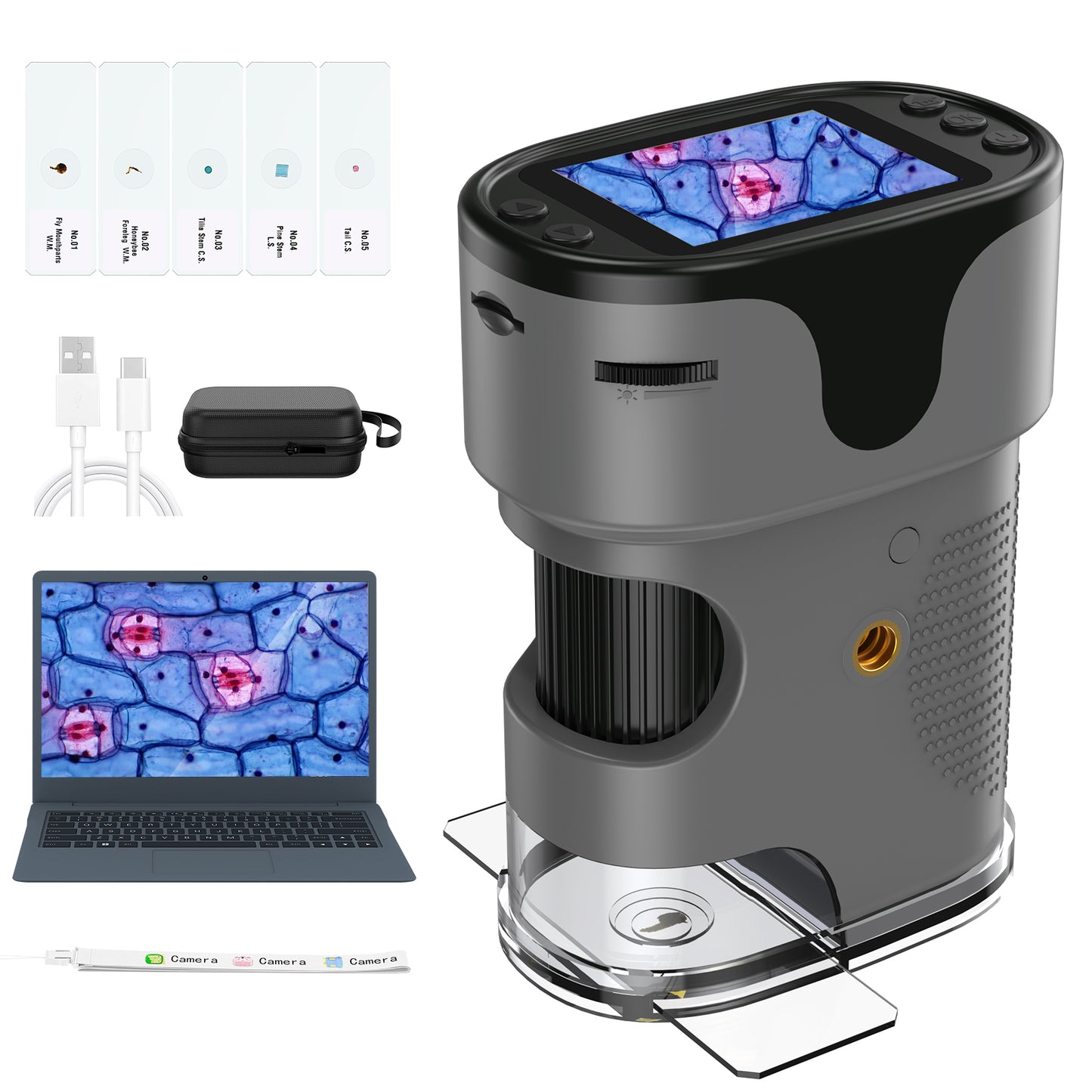 QUNSE Rechargeable Digital Handheld Pocket Microscope, Kids Microscope 1000X with 4K Screen, Portable Science Kit with Slides for Kids (Grey)