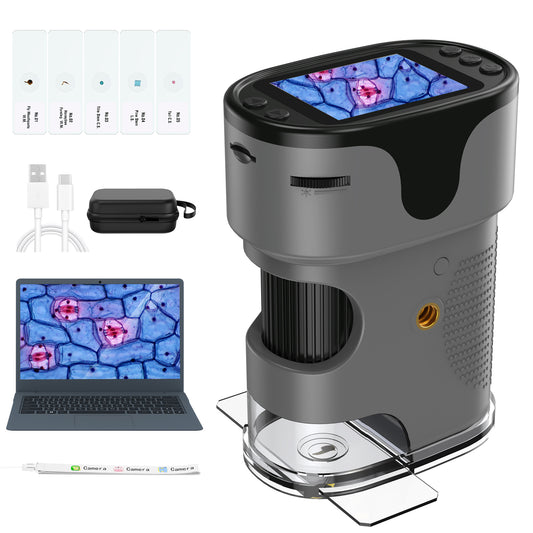 QUNSE Rechargeable Digital Handheld Pocket Microscope, Kids Microscope 1000X with 4K Screen, Portable Science Kit with Slides for Kids (Grey)