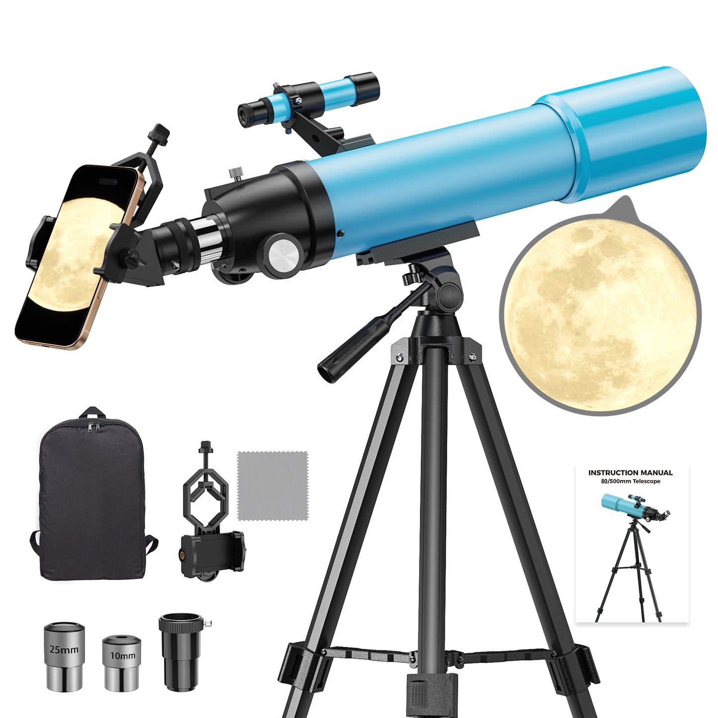 QUNSE Astronomy Telescope for Adults and Kids, 80mm Aperture 500mm Professional Refractor with 20X–150X Magnification, Aluminum Tripod, Backpack and Phone Adapter for Lunar and Planetary Observation