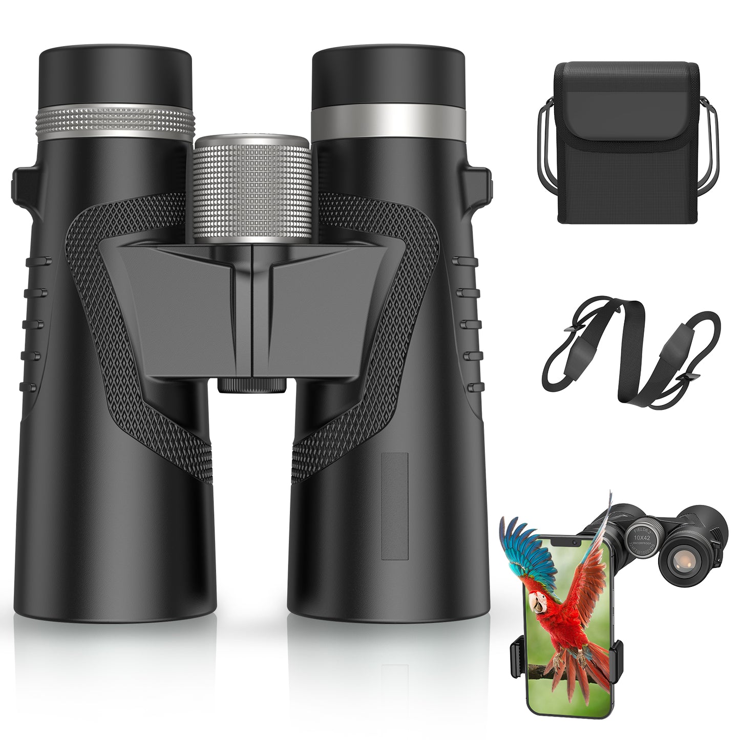 QUNSE 10x42 HD Binoculars for Adults High Powered with Upgraded Phone Adapter, Compact Waterproof Binoculars with Fully Multi Coated Lens, Ideal for Birding and Outdoors (Black)