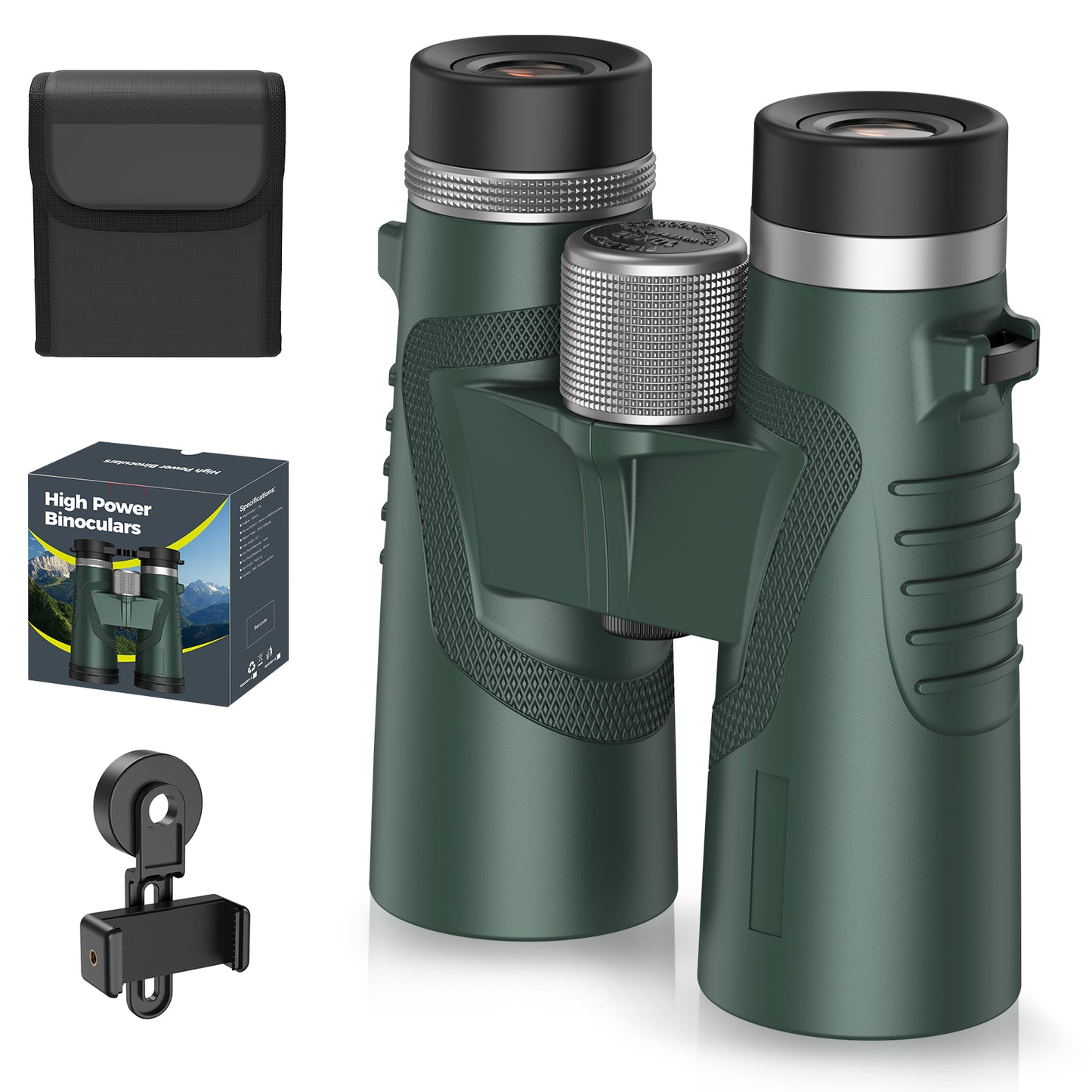 QUNSE 10x42 Compact HD Binoculars for Adults with Phone Adapter, Waterproof Binoculars with Fully Multi Coated Lens, High Powered for Bird Watching, Hunting, and Outdoor Sports (Green)