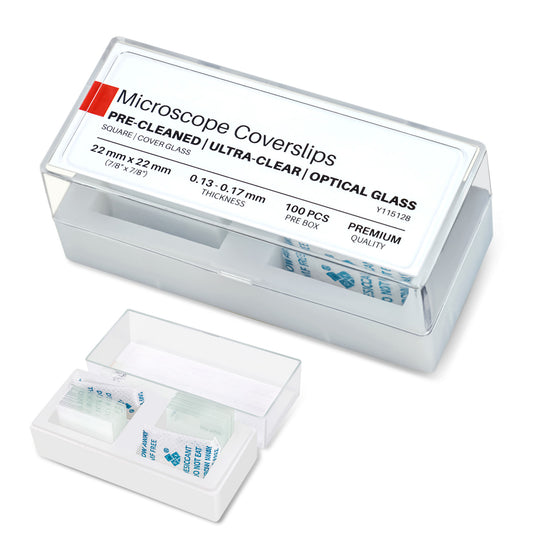 QUNSE 100 Pieces Pre-Cleaned Square Microscope Coverslips, 0.87" x 0.87" x 0.04" Cover Glass, High Clarity Optical Accessories for Lab, Classroom, Students and Teachers
