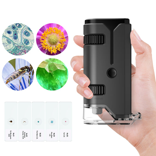 QUNSE STEM Pocket Microscope 100x–250x for Kids, Portable Handheld with LED and UV Light, Phone Adapter, 5 Slides, EVA Carry Case, Grey