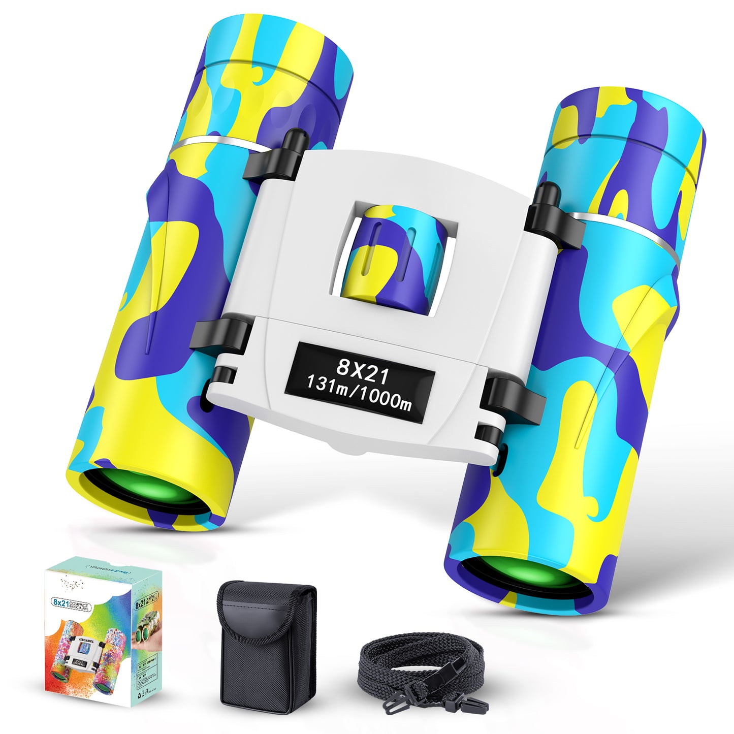 QUNSE 8×21 Compact Binoculars for Kids and Adults, Pocket Mini Binoculars, Ideal for Bird Watching, Travel, and Hunting, Great Gift for Boys and Girls (Yellow and blue)