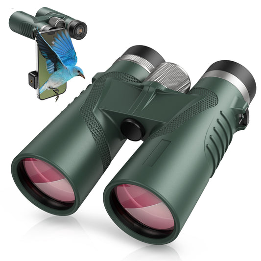 QUNSE 10x42 Compact HD Binoculars for Adults with Phone Adapter, Waterproof Binoculars with Fully Multi Coated Lens, High Powered for Bird Watching, Hunting, and Outdoor Sports (Green)