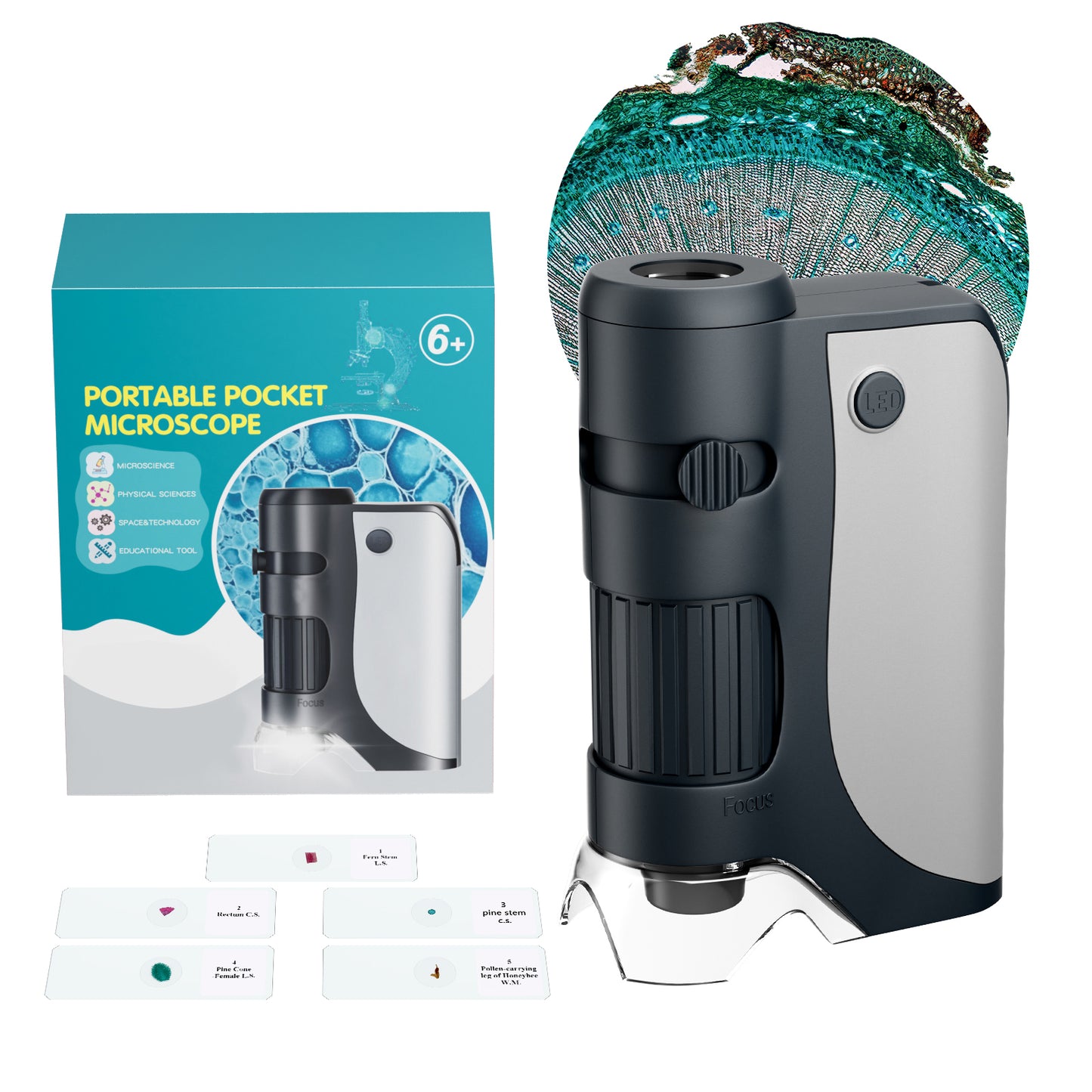 QUNSE Pocket Microscope for Kids and Students with Achromatic Lens, LED and UV Light, Portable Handheld Microscope Kit with 5 Prepared Slides, Carrying Bag, Gift Set (Gray)