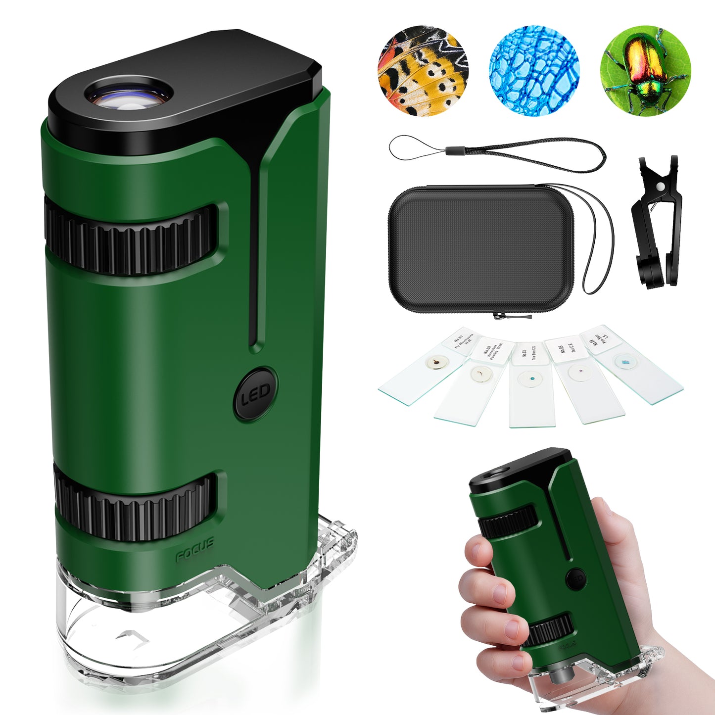 QUNSE Pocket Microscope for Kids and Students, 100x–250x Portable Handheld with LED and UV, Semi-Apochromatic Optics, Phone Adapter and Prepared Slides, Green