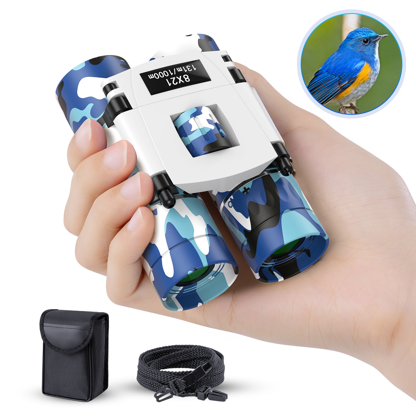 QUNSE 8×21 Mini Pocket Binoculars, Compact Binoculars for Kids and Adults, Ideal for Bird Watching, Travel, and Hunting, Great Gift for Boys and Girls (Blue and white)