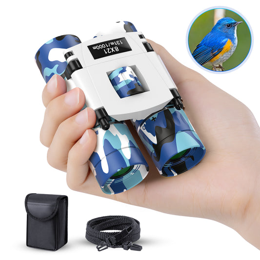 QUNSE 8×21 Mini Pocket Binoculars, Compact Binoculars for Kids and Adults, Ideal for Bird Watching, Travel, and Hunting, Great Gift for Boys and Girls (Blue and white)