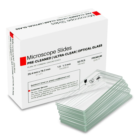 QUNSE 50 Pieces Pre-Cleaned Ground Edge Glass Microscope Slides, Standard Size 1" x 3" x 0.04", with Safe 45° Clipped Corners, for Students, Teachers, Classroom and Lab Use