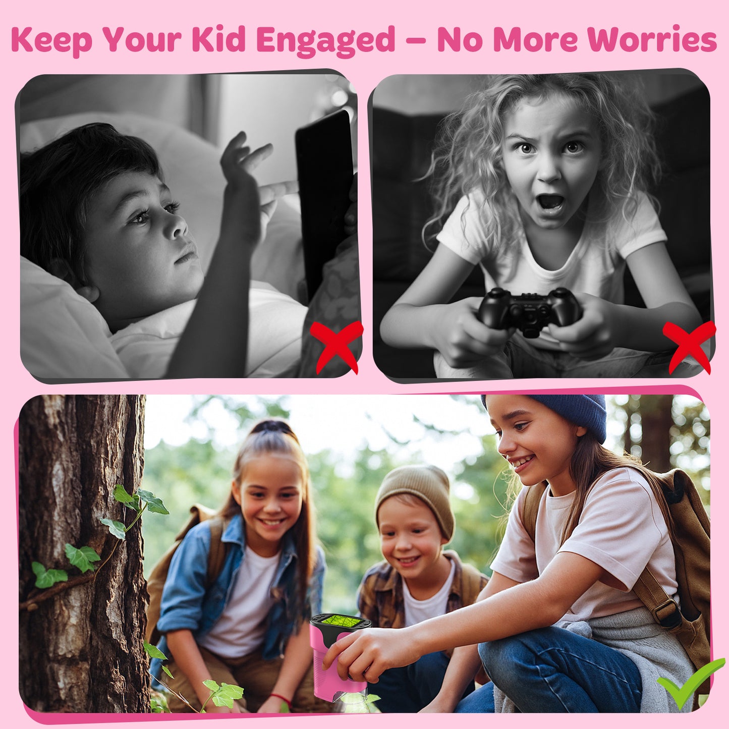 QUNSE Kids Microscope 1000X with 4K Screen, Rechargeable Digital Handheld Pocket Microscope, Portable Science Kit with Slides for Kids (Pink)