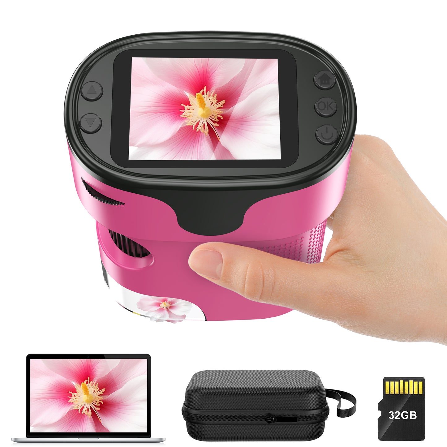 QUNSE Kids Microscope 1000X with 4K Screen, Rechargeable Digital Handheld Pocket Microscope, Portable Science Kit with Slides for Kids (Pink)