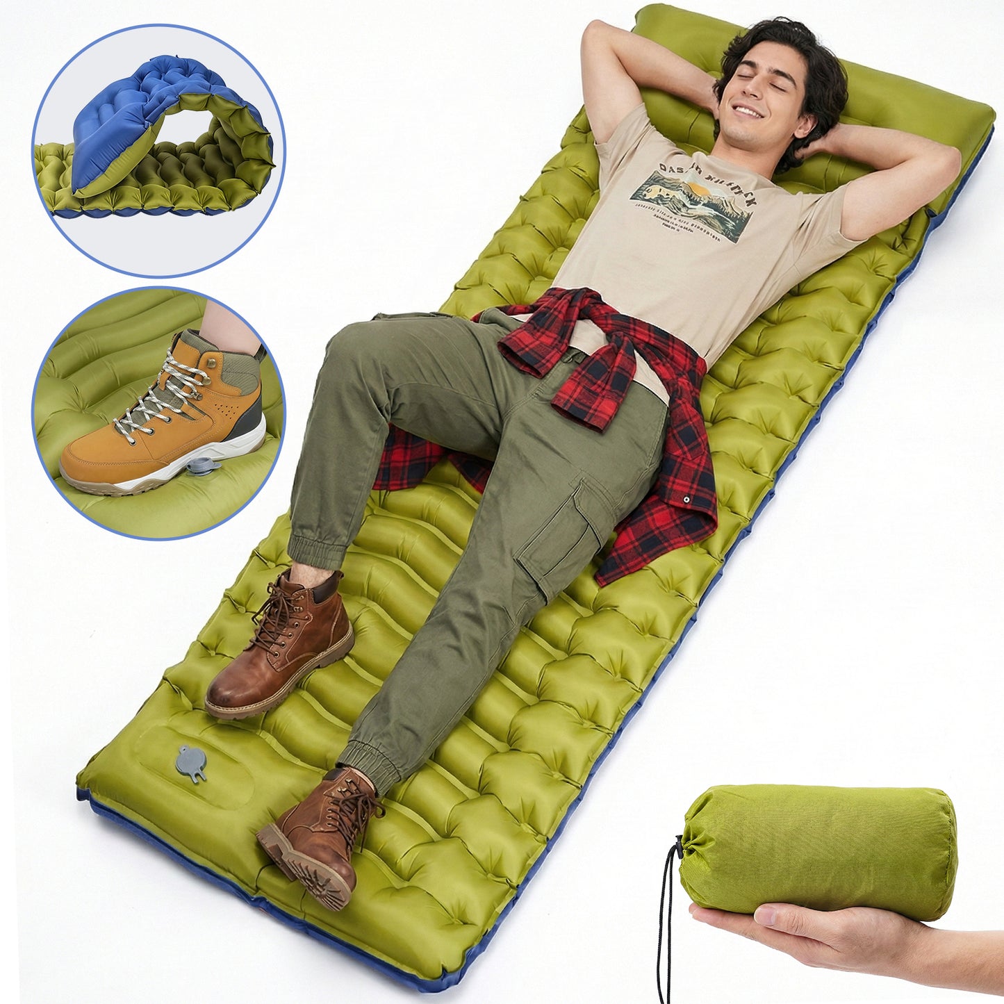 NOCOEX Sleeping Pad for Camping with Built-in Foot Pump & 5.9" Pillow - Leakproof, Inflatable Camping Mattress for Backpacking, Hiking, Traveling