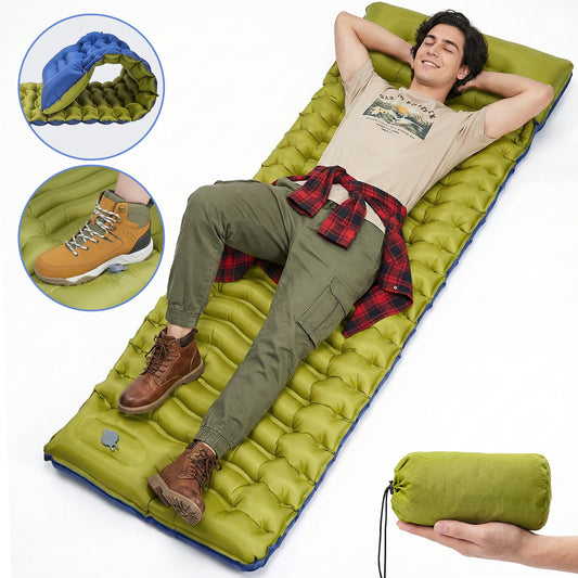 NOCOEX Sleeping Pad for Camping with Built-in Foot Pump & 5.9" Pillow - Leakproof, Inflatable Camping Mattress for Backpacking, Hiking, Traveling