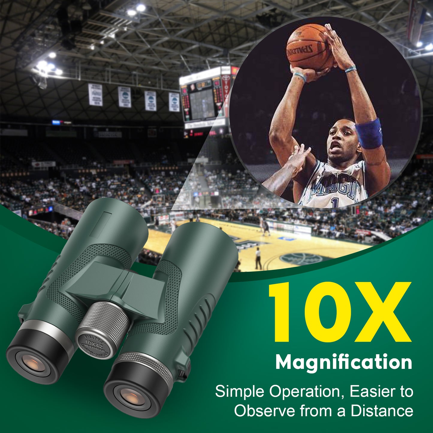 QUNSE 10x42 Compact HD Binoculars for Adults with Phone Adapter, Waterproof Binoculars with Fully Multi Coated Lens, High Powered for Bird Watching, Hunting, and Outdoor Sports (Green)