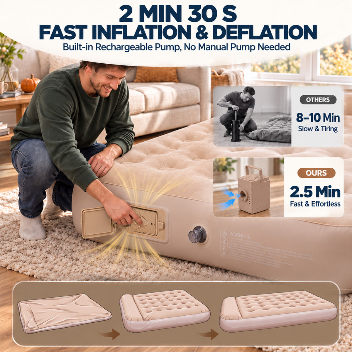Inflatable Air Mattress, Built‑in Rechargeable Pump, 10'' Extra Thick Pillow & 882 lbs Weight Capacity, Camping Mattress for Tent, Camping, Cot, Car (Full)