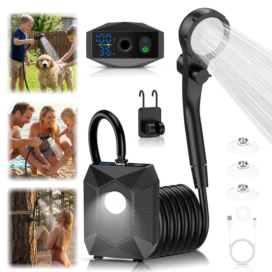 Portable Shower for Camping: Rechargeable Camping Shower Pump 130-Min Runtime, 5 Pressure Levels with Built-in LED, IPX8 Waterproof - Ideal for Beaching, Gardening, Pet, Car