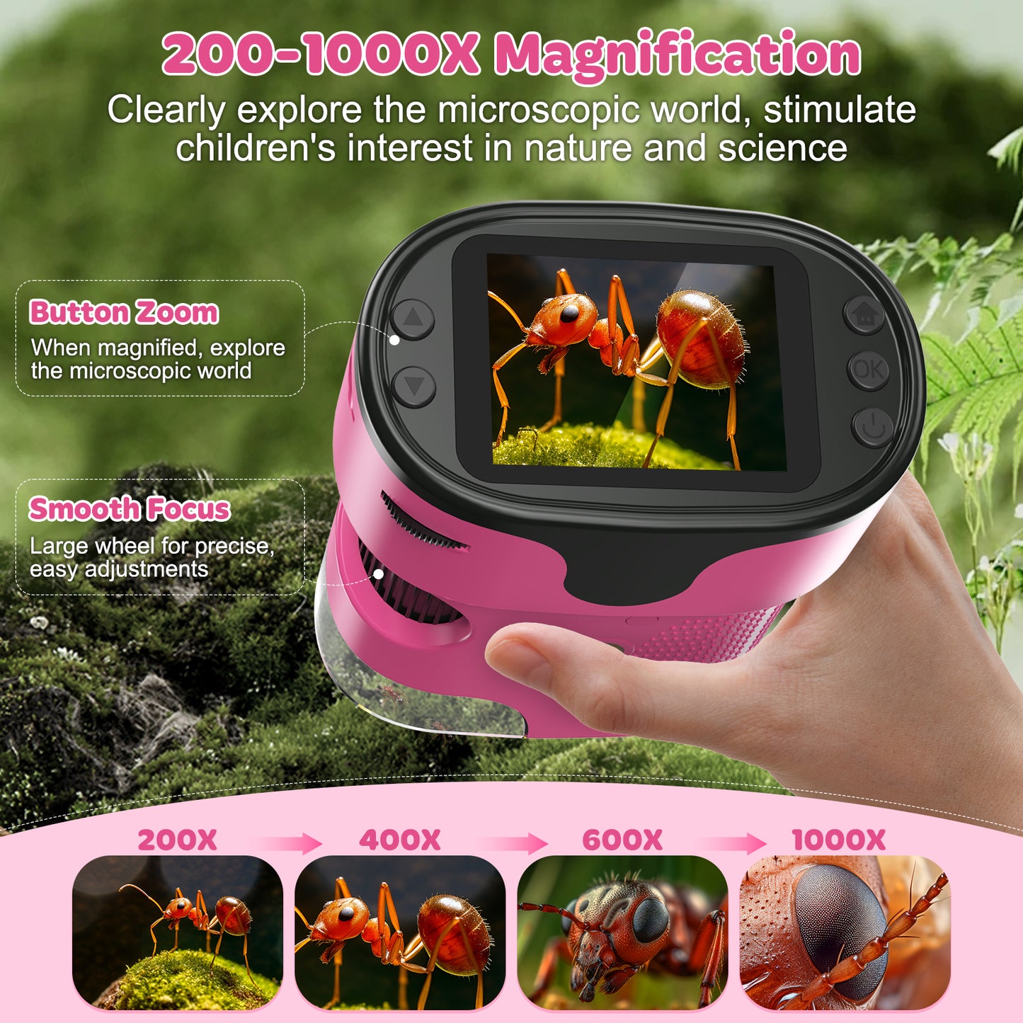 QUNSE Kids Microscope 1000X with 4K Screen, Rechargeable Digital Handheld Pocket Microscope, Portable Science Kit with Slides for Kids (Pink)