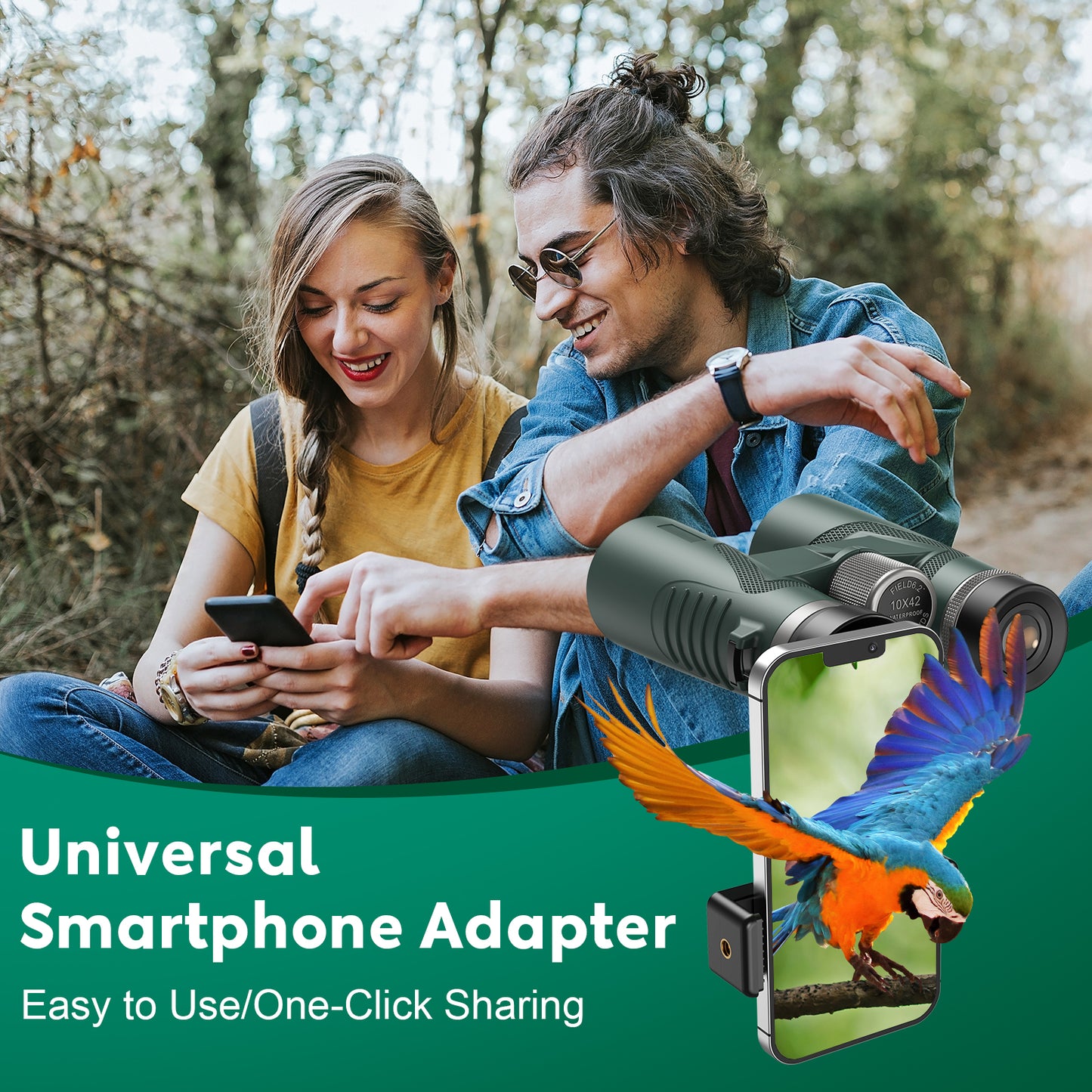 QUNSE 10x42 Compact HD Binoculars for Adults with Phone Adapter, Waterproof Binoculars with Fully Multi Coated Lens, High Powered for Bird Watching, Hunting, and Outdoor Sports (Green)