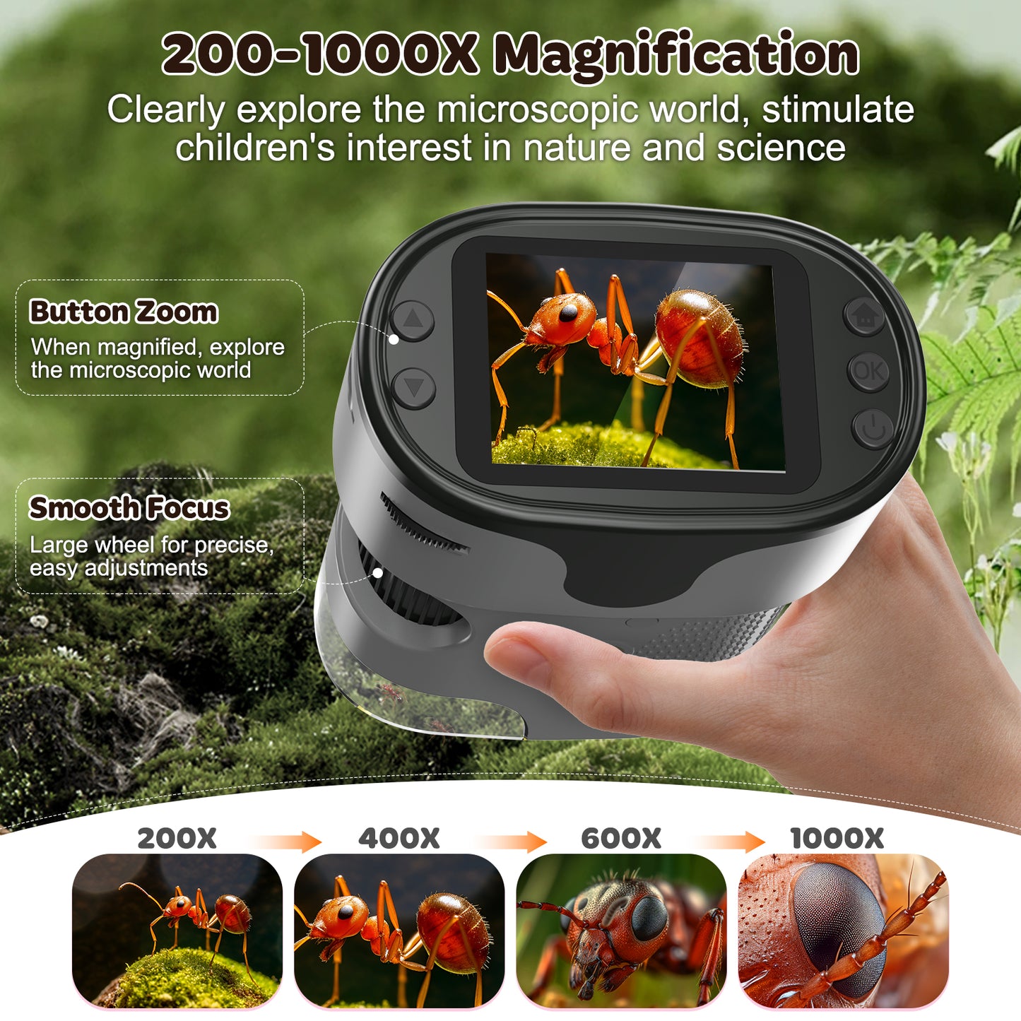 QUNSE Rechargeable Digital Handheld Pocket Microscope, Portable Science Kit with Slides for Kids, Kids Microscope 1000X with 4K Screen (Purple)