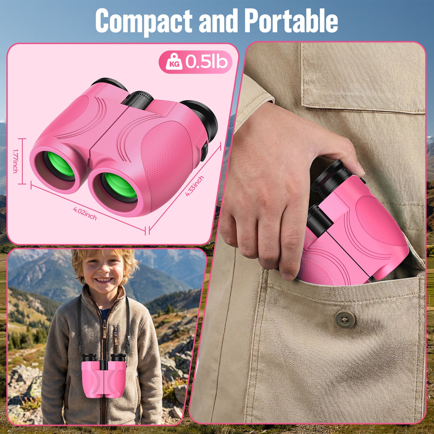12x25 Compact Binoculars for Kids: Small Binoculars with Bak4, FMC - Ideal for Outdoor, Camping, Traveling, Bird Watching, Hiking (Pink)