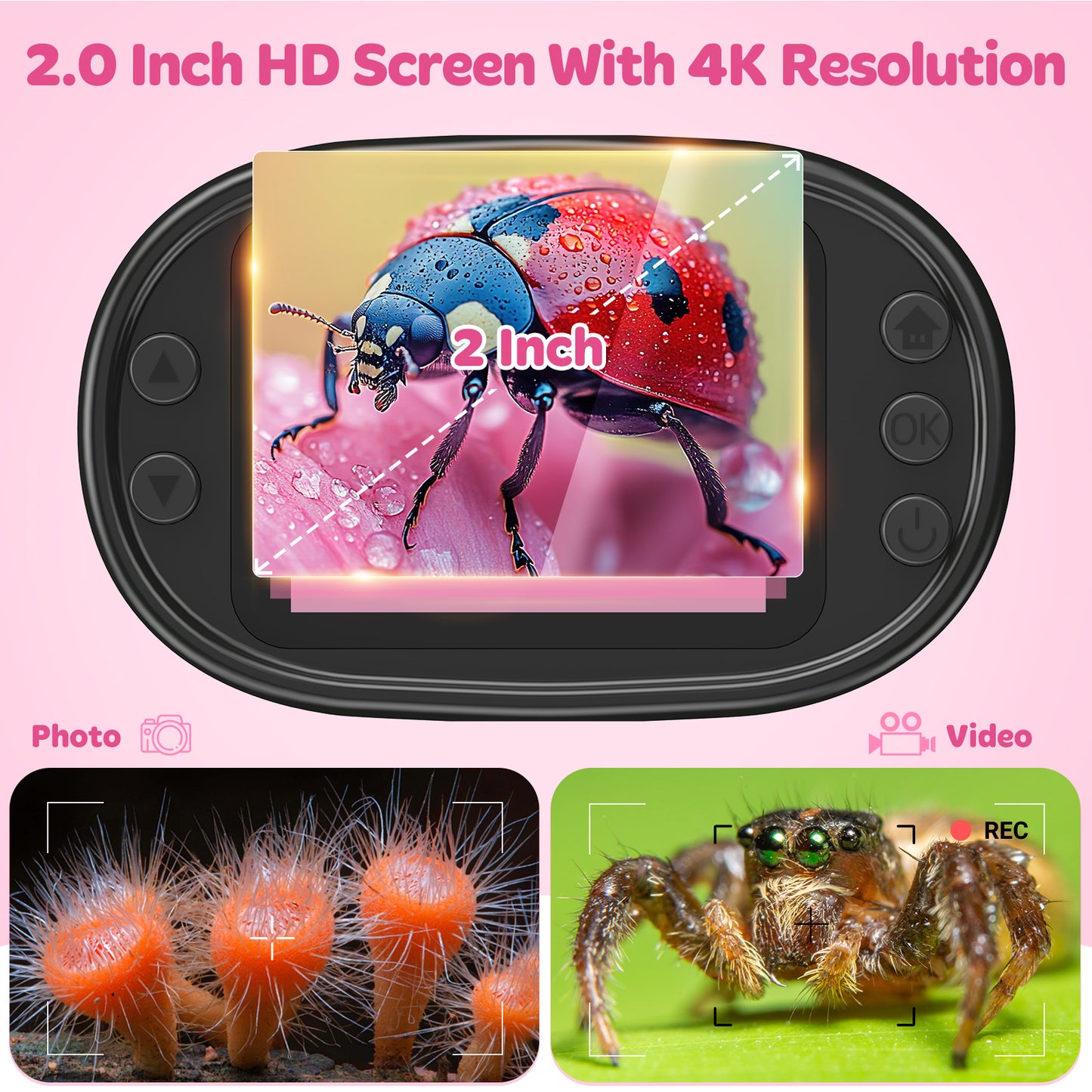 QUNSE Kids Microscope 1000X with 4K Screen, Rechargeable Digital Handheld Pocket Microscope, Portable Science Kit with Slides for Kids (Pink)