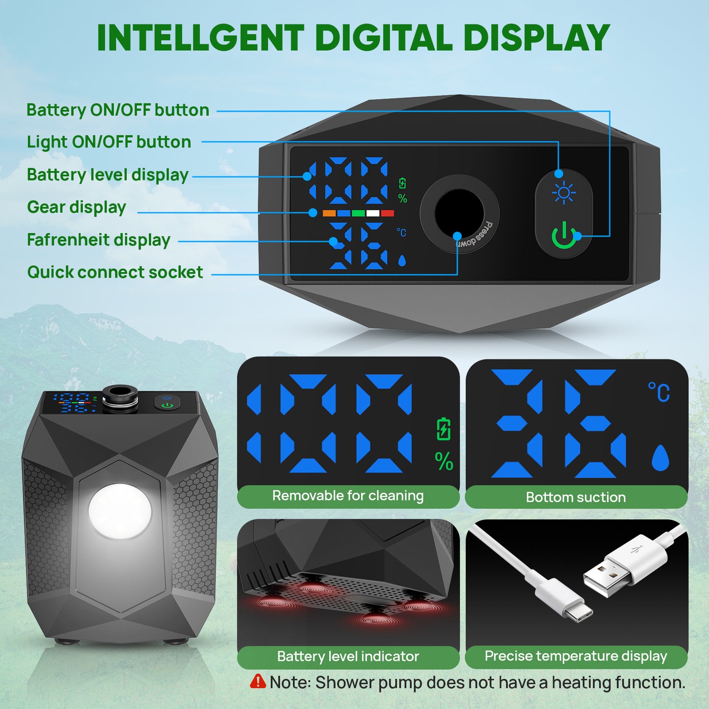 Portable Shower for Camping: Rechargeable Camping Shower Pump 130-Min Runtime, 5 Pressure Levels with Built-in LED, IPX8 Waterproof - Ideal for Beaching, Gardening, Pet, Car