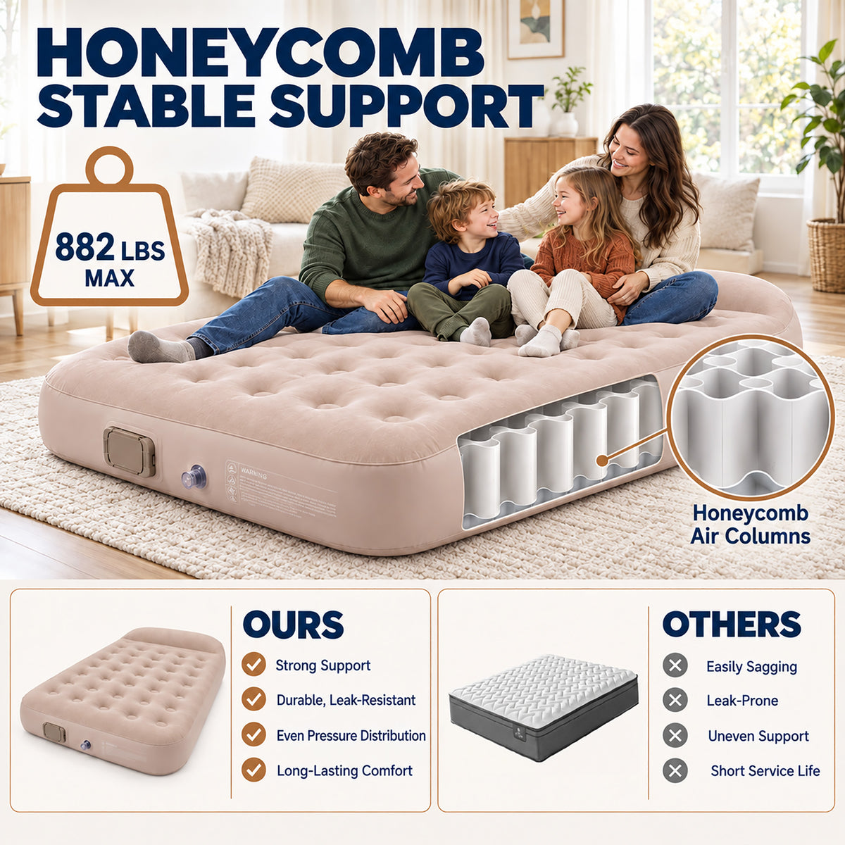 Inflatable Air Mattress, Built‑in Rechargeable Pump, 10'' Extra Thick Pillow & 882 lbs Weight Capacity, Camping Mattress for Tent, Camping, Cot, Car (Full)