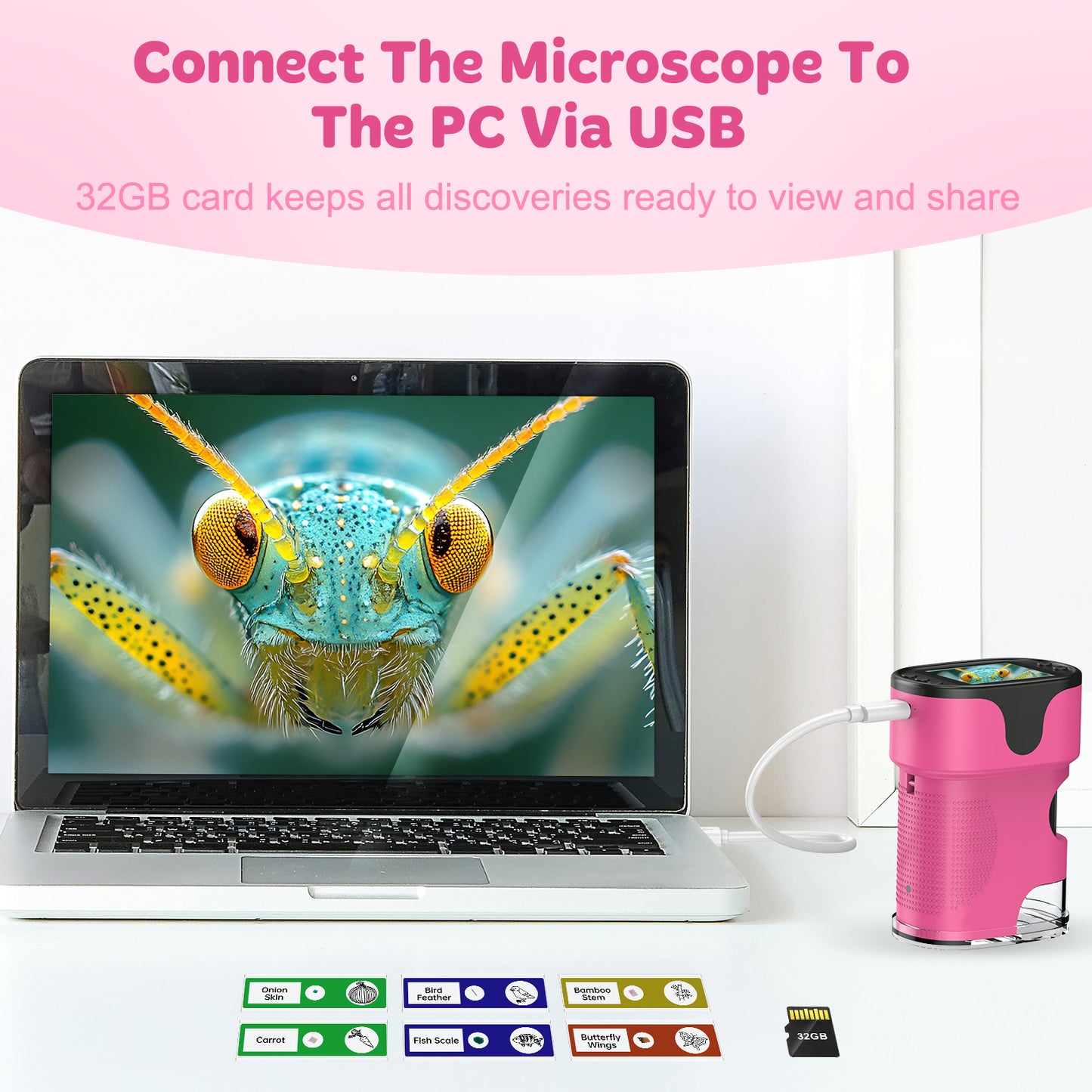 QUNSE Kids Microscope 1000X with 4K Screen, Rechargeable Digital Handheld Pocket Microscope, Portable Science Kit with Slides for Kids (Pink)