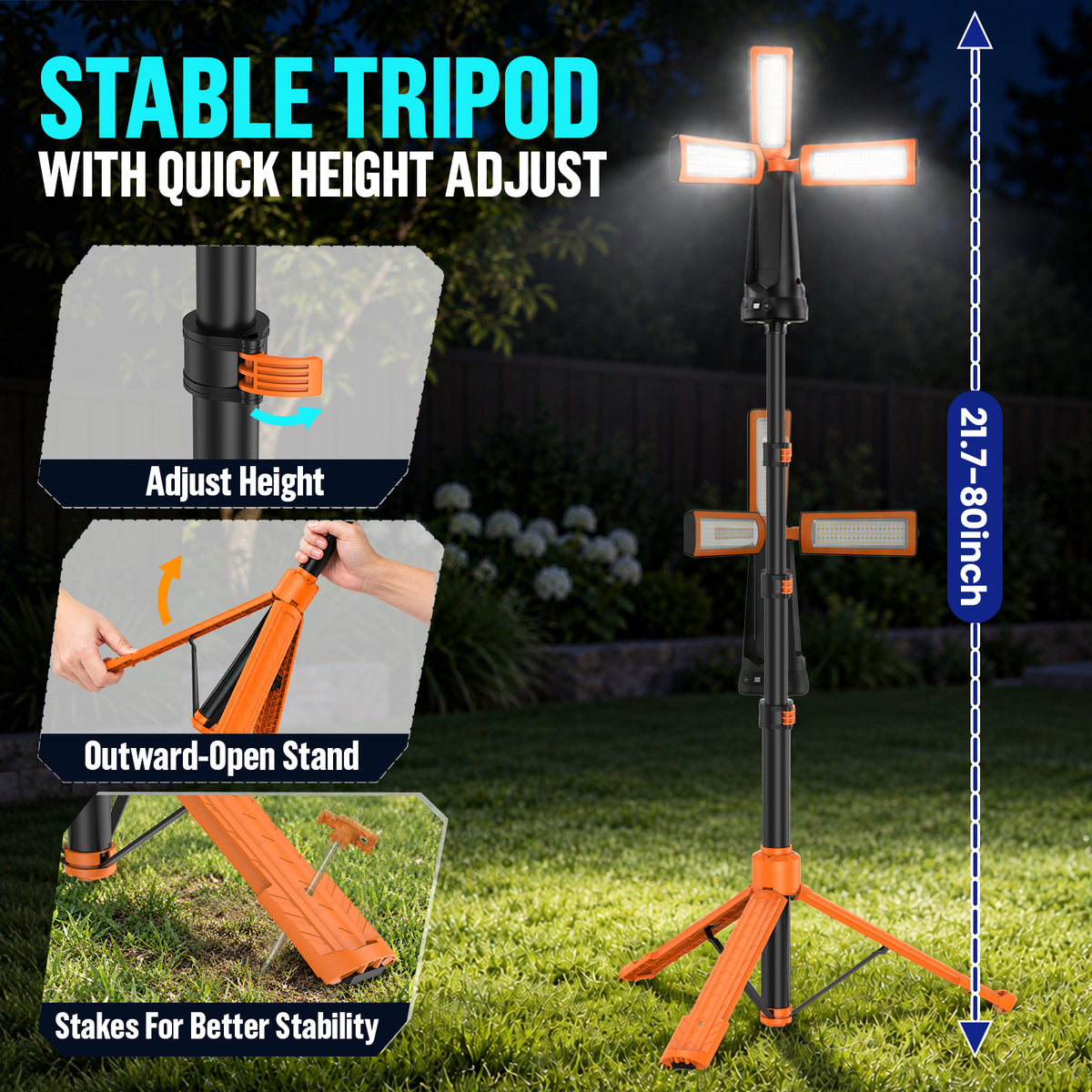 Telescopic Camping Light with 80'' Stand, Solar Rechargeable Work Lantern with 3 Rotatable LED Panels, 7 Light Modes, Magnetic Base & Hook for Camping, Tent, Emergency, Fishing