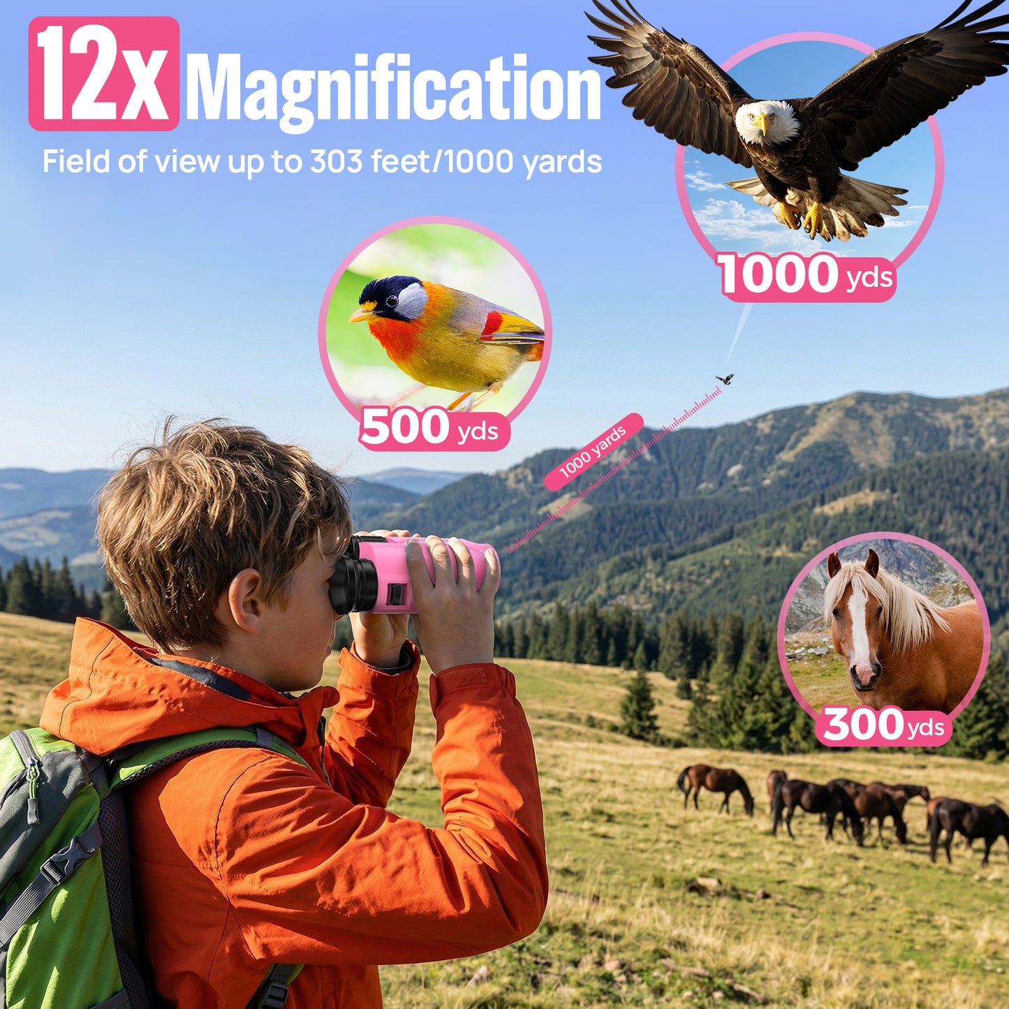 12x25 Compact Binoculars for Kids: Small Binoculars with Bak4, FMC - Ideal for Outdoor, Camping, Traveling, Bird Watching, Hiking (Pink)