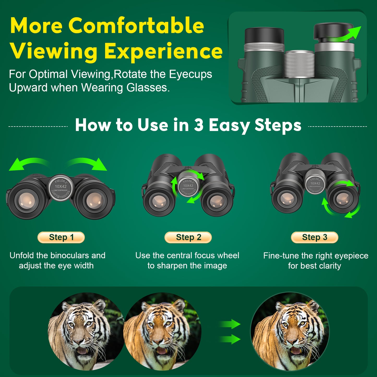 QUNSE 10x42 Compact HD Binoculars for Adults with Phone Adapter, Waterproof Binoculars with Fully Multi Coated Lens, High Powered for Bird Watching, Hunting, and Outdoor Sports (Green)