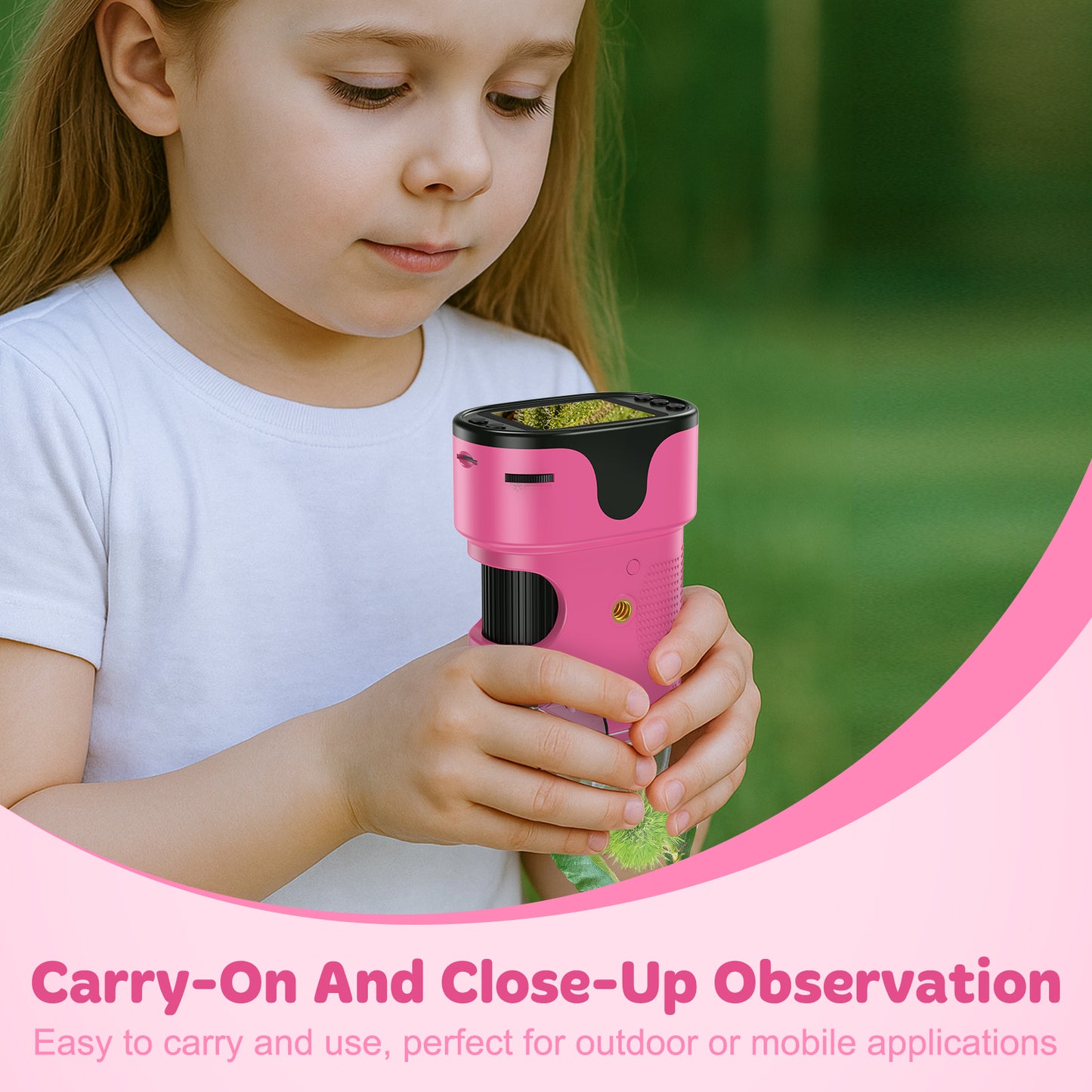 QUNSE Kids Microscope 1000X with 4K Screen, Rechargeable Digital Handheld Pocket Microscope, Portable Science Kit with Slides for Kids (Pink)