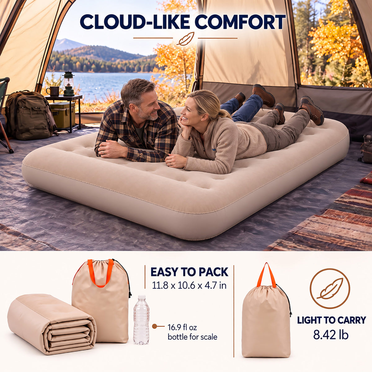 Inflatable Air Mattress, Built‑in Rechargeable Pump, 10'' Extra Thick Pillow & 882 lbs Weight Capacity, Camping Mattress for Tent, Camping, Cot, Car (Full)