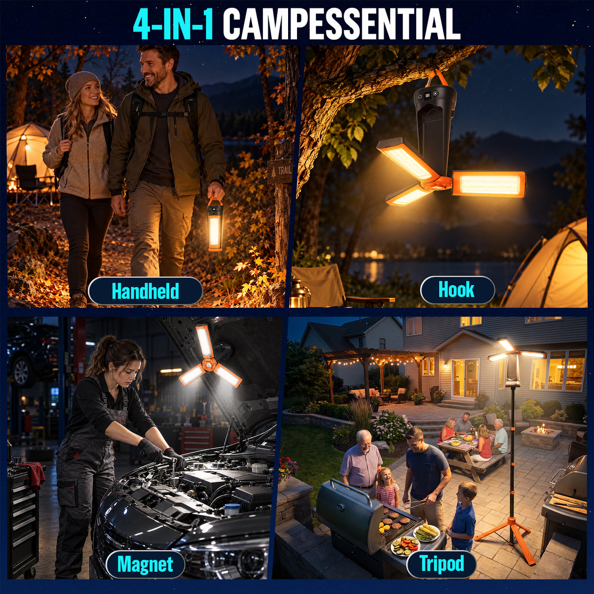 Telescopic Camping Light with 80'' Stand, Solar Rechargeable Work Lantern with 3 Rotatable LED Panels, 7 Light Modes, Magnetic Base & Hook for Camping, Tent, Emergency, Fishing