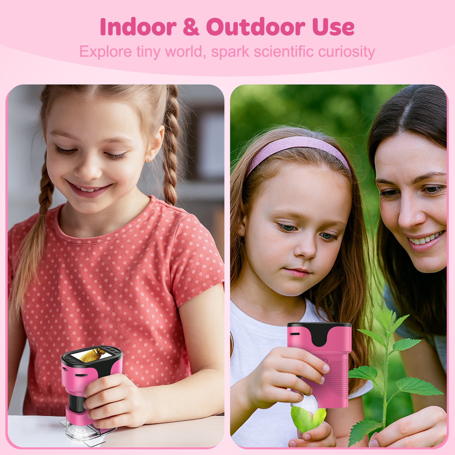 QUNSE Kids Microscope 1000X with 4K Screen, Rechargeable Digital Handheld Pocket Microscope, Portable Science Kit with Slides for Kids (Pink)